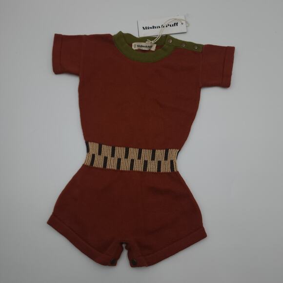 Misha & Puff Keyboard Knit Short Sleeve Playsuit in Rust Size 0-6 Months